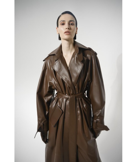 Long eco-leather trench
