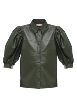 Leather blouse with puff sleeves