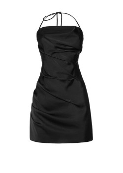 Коротка драпірована сукня з чорного атласу