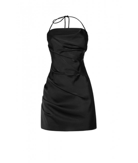 Draped short dress in black satin