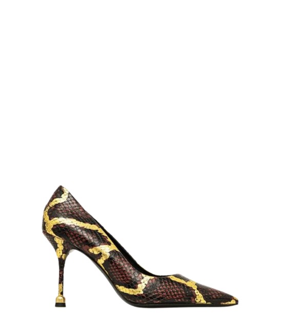 Brown leather pumps in python embossed