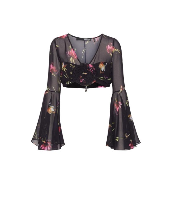 Черная укороченная блузка с цветочным принтом