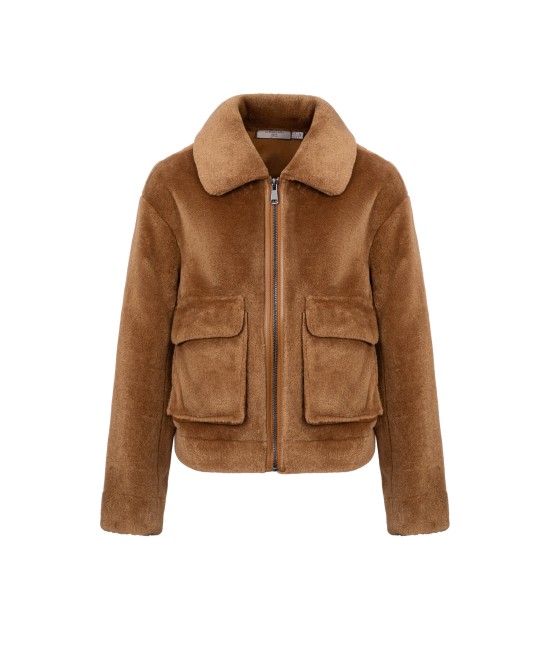 Brown cropped faux-fur jacket