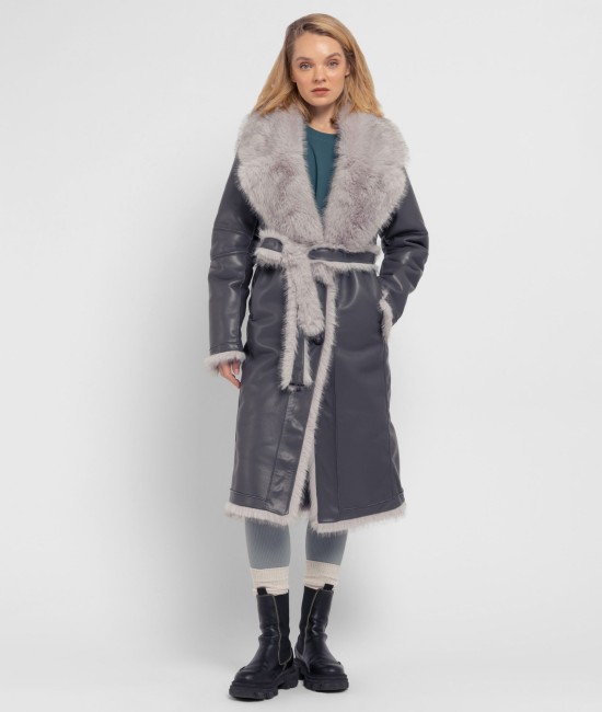 Gray belted faux-fur midi coat