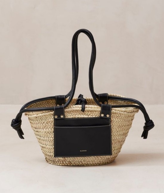 Солом'яна сумка-кошик з деталями із чорної шкіри