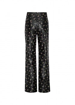 Black vegan leather pants with floral embroidery