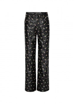 Black vegan leather pants with floral embroidery