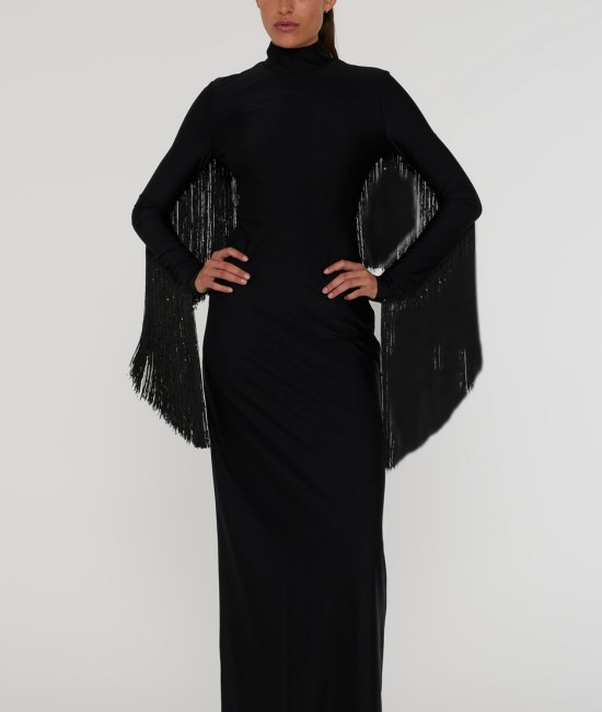 Черное платье макси с бахромой