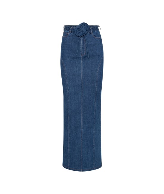 Синяя юбка-макси с поясом с цветочной аппликацией