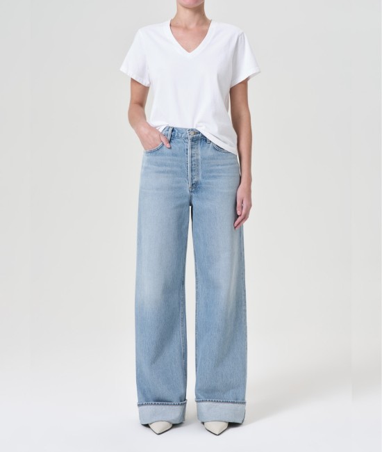 Light blue jeans with dimensional rolled ankle cuffs Light blue jeans with dimensional rolled ankle cuffs